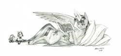 Size: 1700x787 | Tagged: safe, artist:baron engel, derpibooru import, twilight sparkle, twilight sparkle (alicorn), alicorn, pony, book, female, mare, monochrome, pencil drawing, pillow, reading, simple background, solo, that pony sure does love books, traditional art, white background