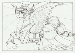 Size: 3500x2466 | Tagged: safe, artist:longinius, derpibooru import, princess celestia, alicorn, abstract background, alternate hairstyle, blushing, braid, clothes, dress, gown, headdress, horn, horn ring, medieval, monochrome, ring, traditional art
