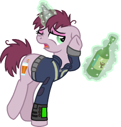 Size: 748x785 | Tagged: safe, artist:starryoak, derpibooru import, oc, oc only, oc:littlepip's mother, pony, unicorn, fallout equestria, bottle, cider, clothes, drunk, eyeshadow, female, jumpsuit, magic, makeup, mare, pipbuck, raised hoof, raised leg, simple background, solo, telekinesis, transparent background, vault suit