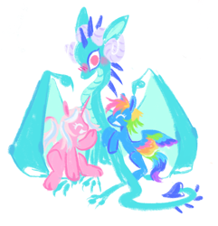 Size: 1724x1792 | Tagged: safe, artist:webkinzworldz, derpibooru import, clear sky, princess ember, rainbow dash, dragon, pegasus, pony, unicorn, blushing, cleardash, clearember, clearemberdash, emberdash, female, lesbian, polyamory, polygamy, shipping, simple background, trio, white background