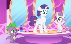 Size: 1280x795 | Tagged: safe, artist:lizzmcclin, derpibooru import, rarity, spike, sweetie belle, dragon, pony, unicorn, alternate hairstyle, alternate tailstyle, brush, carousel boutique, cute, diasweetes, female, filly, foal, hairbrush, male, mare, mirror, tail