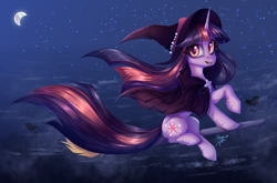 Size: 5760x3800 | Tagged: safe, artist:jsunlight, derpibooru import, twilight sparkle, unicorn twilight, bat, pony, unicorn, broom, crescent moon, female, flying, flying broomstick, hat, looking at you, mare, moon, open mouth, open smile, signature, smiling, smiling at you, solo, windswept mane, witch hat