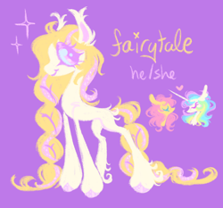 Size: 1944x1814 | Tagged: safe, artist:webkinzworldz, derpibooru import, fluttershy, princess celestia, oc, oc only, oc:fairytale, earth pony, pony, heart, magical lesbian spawn, offspring, parent:fluttershy, parent:princess celestia, parents:flutterlestia, pronouns, purple background, simple background