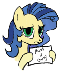 Size: 508x584 | Tagged: safe, artist:luckysmores, twibooru import, oc, oc:milky way, earth pony, pony, bust, female, holding sign, mare, sad, simple background, solo, text, white background