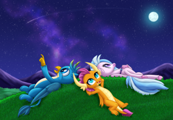 Size: 2212x1532 | Tagged: safe, artist:lifesharbinger, derpibooru import, gallus, silverstream, smolder, dragon, griffon, hippogriff, dragoness, female, field, full moon, looking up, lying down, male, moon, mountain, mountain range, night, on back, pointing, requested art, shooting star, sky, smiling, stargazing, stars, trio