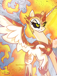 Size: 1000x1333 | Tagged: safe, artist:skyriskater, artist:syriskater, derpibooru import, daybreaker, alicorn, pony, abstract background, female, mane of fire, mare, signature, smiling, solo, spread wings, tail of fire, wings