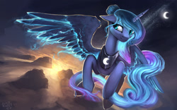 Size: 2000x1250 | Tagged: safe, artist:rain-gear, derpibooru import, princess luna, alicorn, pony, g4, alternate hairstyle, dawn, female, flying, glowing, glowing mane, glowing wings, horn, lunadoodle, mare, moon, signature, sky, solo, spread wings, stars, sun, twilight (astronomy), wings