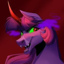 Size: 2000x2000 | Tagged: safe, artist:uunicornicc, derpibooru import, twilight sparkle, pony, colored horn, curved horn, fangs, horn, looking at you, sharp teeth, solo, sombra eyes, sombra horn, teeth