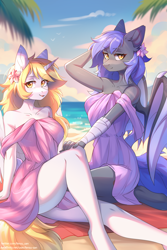 Size: 2002x3004 | Tagged: safe, artist:fensu-san, derpibooru import, oc, oc only, oc:bar, oc:kirarane, oc:star nai, alicorn, anthro, bat pony, unguligrade anthro, alicorn oc, bat pony oc, beach, duo, duo female, female, flower, flower in hair, horn, looking at you, open mouth, open smile, outdoors, partially open wings, sitting, smiling, smiling at you, towel, water, wings