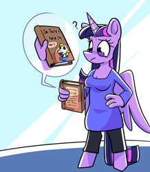 Size: 1381x1583 | Tagged: safe, artist:smirk, derpibooru import, twilight sparkle, twilight sparkle (alicorn), alicorn, anthro, unguligrade anthro, book, clothes, eyebrows, female, hand on hip, question mark, raised eyebrow, shorts, solo