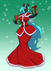 Size: 931x1280 | Tagged: safe, artist:toughset, derpibooru import, oc, oc only, anthro, changeling, changeling queen, breasts, busty oc, changeling queen oc, christmas, christmas changeling, clothes, commission, costume, dress, female, gradient background, green background, holiday, not chrysalis, open mouth, open smile, present, santa costume, simple background, smiling, snow, snowfall, solo