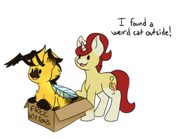 Size: 4289x3404 | Tagged: safe, artist:noxi1_48, derpibooru import, oc, oc only, oc:treble pen, bee, bee pony, original species, pony, unicorn, box, cardboard box, daily dose of friends, duo, open mouth, open smile, pony in a box, simple background, smiling, transparent background