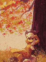 Size: 1280x1707 | Tagged: safe, artist:lendftcn, derpibooru import, applejack, earth pony, pony, autumn, crossed legs, female, film grain, grass, hooves behind head, looking at you, mare, sitting, solo, tree