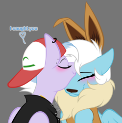 Size: 3420x3434 | Tagged: safe, artist:feather_bloom, derpibooru import, oc, pegasus, pony, blushing, clothes, costume, eevee, halloween, halloween costume, hat, holiday, jacket, leather, leather jacket, nightmare night, piercing, pokémon, pokémon trainer, simple background, wholesome