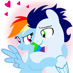 Size: 1400x1400 | Tagged: safe, artist:mlplary6, derpibooru import, rainbow dash, soarin', pegasus, pony, boyfriend and girlfriend, female, heart, hug, looking at each other, looking at someone, love, male, mare, shipping, smiling, smiling at each other, soarindash, stallion, straight