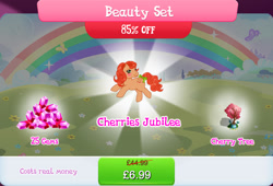 Size: 1263x858 | Tagged: safe, derpibooru import, idw, cherries jubilee, earth pony, pony, g1, g4, bow, bundle, bush, costs real money, english, female, gameloft, gem, idw showified, mare, mobile game, my little pony: magic princess, numbers, official, sale, solo, tail, tail bow, text, tree