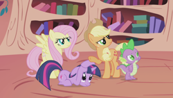 Size: 1920x1080 | Tagged: safe, derpibooru import, screencap, applejack, fluttershy, spike, twilight sparkle, unicorn twilight, dragon, earth pony, pegasus, unicorn, the ticket master, ears, floppy ears, golden oaks library, indoors, looking offscreen, sad, scary, serious