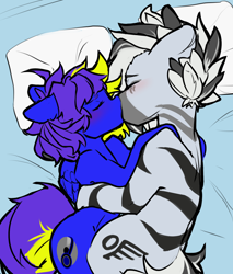 Size: 1700x2000 | Tagged: safe, artist:nova19, derpibooru import, oc, oc:spacer rhythmic, oc:ventus, pegasus, zebra, bed, bedsheets, cuddling, female, kiss on the lips, kissing, male, mare, oc x oc, pegasus oc, pillow, shipping, simple background, stallion, zebra oc