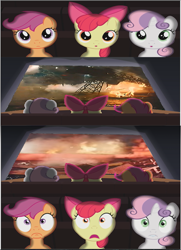 Size: 431x595 | Tagged: safe, derpibooru import, apple bloom, scootaloo, sweetie belle, one bad apple, season 3, big mickey, crane, cutie mark crusaders, exploitable meme, female, filly, fire, foal, male, meme, munitions, nightmare fuel, scared, theater, theater meme, tugs