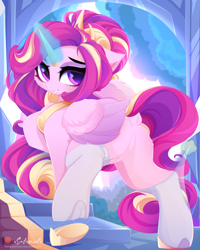 Size: 4000x5000 | Tagged: safe, alternate version, artist:xsatanielx, derpibooru import, princess cadance, alicorn, pony, absurd resolution, butt, dock, eyebrows, featureless crotch, female, glowing, glowing horn, grin, horn, looking at you, looking back, looking back at you, lovebutt, mare, patreon, patreon logo, plot, raised hoof, raised leg, smiling, smiling at you, solo, tail