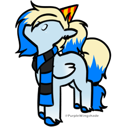 Size: 601x601 | Tagged: safe, artist:purple wingshade, derpibooru import, oc, oc only, oc:azure opus, pegasus, birthday, blind, blonde, blonde mane, blue coat, clothes, dyed mane, hat, looking up, minimalist, party hat, ponytail, scarf, simple background, solo, standing, striped scarf, transparent background, variant