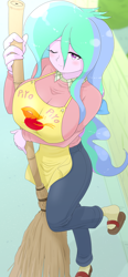 Size: 3112x6714 | Tagged: safe, artist:batipin, derpibooru import, princess celestia, phoenix, equestria girls, apron, arm under breasts, big breasts, breasts, broom, clothes, female, huge breasts, looking at you, maison ikkoku, one eye closed, phoenix chick, princess breastia, solo, standing, standing on one leg