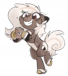 Size: 1879x2101 | Tagged: safe, artist:lbrcloud, derpibooru import, oc, oc only, earth pony, pony, coffee, coffee cup, colored sketch, cup, eye clipping through hair, female, grin, hoof hold, mare, shivering, simple background, sketch, smiling, solo, standing, standing on one leg, unshorn fetlocks, white background