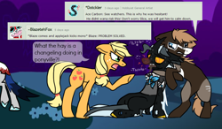 Size: 960x561 | Tagged: safe, artist:lupisvulpes, derpibooru import, applejack, oc, oc:monochromatic heart, oc:slice n' dice, changeling, pony, ask, deviantart, dialogue, night, walking, walking away, what the hay?, yelling