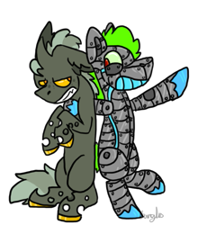 Size: 497x566 | Tagged: safe, artist:ask-scrap, derpibooru import, oc, oc only, oc:monochromatic heart, changeling, pony, robot, duo, grin, simple background, smiling, teeth, transparent background