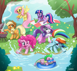 Size: 1500x1391 | Tagged: safe, artist:thegamercolt, derpibooru import, applejack, fluttershy, pinkie pie, rainbow dash, rarity, spike, twilight sparkle, twilight sparkle (alicorn), alicorn, dragon, earth pony, pegasus, pony, unicorn, g4, 2015, apple, applejack's hat, barbeque, book, clothes, colored eyebrows, cookie, cowboy hat, crepuscular rays, dress, eyebrows, eyes closed, female, floaty, flower, flying, folded wings, food, freckles, grass, grill, hat, horn, inflatable, inner tube, lying down, male, mane seven, mane six, mare, misspelling, old art, one eye closed, open mouth, open smile, outdoors, picnic blanket, pond, pool toy, prone, raised hoof, raised leg, reading, septet, shoes, signature, smiling, splashing, spread wings, summer, summer dress, sun hat, sunglasses, tree, underhoof, water, wings