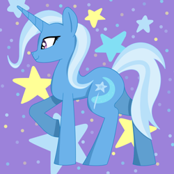 Size: 800x800 | Tagged: safe, artist:kujivunia, derpibooru import, trixie, unicorn, abstract background, colored, female, flat colors, mare, simple shading, solo, stars