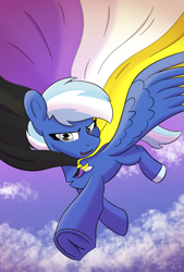 Size: 2048x3029 | Tagged: safe, artist:single purpose, derpibooru import, oc, oc:exobass, pegasus, flag, flying, nonbinary pride flag, pride, pride flag, sky, solo, spread wings, wings