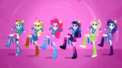 Size: 750x421 | Tagged: safe, derpibooru import, screencap, applejack, fluttershy, pinkie pie, rainbow dash, rarity, twilight sparkle, human, equestria girls, equestria girls (movie), boots, clothes, collar, cowboy boots, cowboy hat, dancing, fake ears, fake tail, female, freckles, hair, hairpin, hat, helping twilight win the crown, high heel boots, humane five, humane six, ponytail, raised leg, shirt, shoes, skirt, smiling, socks, stomping, sweater, teenager, wondercolts uniform