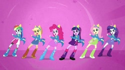 Size: 780x439 | Tagged: safe, derpibooru import, screencap, applejack, fluttershy, pinkie pie, rainbow dash, rarity, twilight sparkle, equestria girls, equestria girls (movie), boots, clothes, collar, cowboy boots, cowboy hat, dancing, fake ears, fake tail, female, hat, helping twilight win the crown, high heel boots, humane five, humane six, open mouth, open smile, shirt, shoes, skirt, smiling, socks, spread arms, sweater, teenager, wondercolts uniform