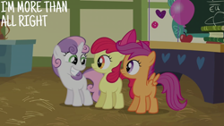 Size: 2000x1125 | Tagged: safe, derpibooru import, edit, edited screencap, editor:quoterific, screencap, apple bloom, scootaloo, sweetie belle, earth pony, pegasus, pony, unicorn, hearts and hooves day (episode), apple, balloon, book, cutie mark crusaders, female, filly, foal, food, ponyville schoolhouse