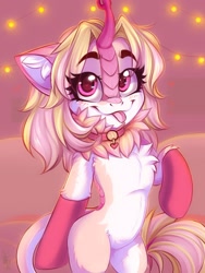 Size: 1200x1600 | Tagged: safe, artist:falafeljake, derpibooru import, oc, kirin, bipedal, blushing, chest fluff, clothes, collar, commission, heart, heart eyes, looking at you, pink background, simple background, socks, solo, tongue, tongue out, wingding eyes, ych result