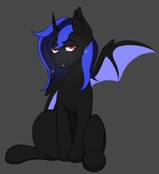 Size: 816x894 | Tagged: safe, artist:woofpoods, derpibooru import, oc, oc:ravenheart, bat pony, changeling, hybrid, horn, male, red eyes, solo, sparkles, two toned mane