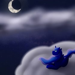 Size: 1500x1500 | Tagged: safe, artist:empressryutsuki, derpibooru import, princess luna, cloud, crescent moon, digital art, moon, night, solo, stars