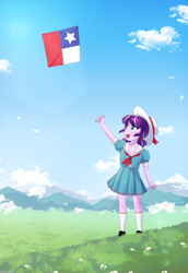 Size: 688x1000 | Tagged: safe, artist:riouku, derpibooru import, starlight glimmer, human, equestria girls, chile, commission, grass, grass field, hat, kite, pigtails, smiling, younger