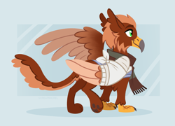 Size: 1797x1292 | Tagged: safe, artist:screamingrel, derpibooru import, oc, oc only, oc:pavlos, griffon, bandage, broken bone, broken wing, cast, claws, clothes, colored wings, eared griffon, griffon oc, injured, one wing out, paws, scarf, simple background, sling, solo, sweater, wings