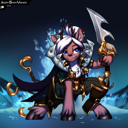 Size: 3000x3000 | Tagged: safe, artist:jedayskayvoker, derpibooru import, oc, oc:crimson vine, deer, antlers, blade, chest fluff, clothes, colored sketch, cosplay, costume, crossover, deer oc, femboy, gradient background, hook, league of legends, male, non-pony oc, sketch, smiling, solo, unshorn fetlocks