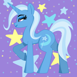 Size: 800x800 | Tagged: safe, artist:kujivunia, derpibooru import, edit, editor:kujivunia, trixie, unicorn, abstract background, big eyelashes, big lips, colored, female, flat colors, lidded eyes, mare, simple shading, solo, stars