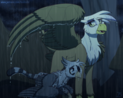 Size: 2000x1600 | Tagged: safe, artist:inuhoshi-to-darkpen, derpibooru import, gilda, oc, griffon, crying, griffon oc, looking at each other, looking at someone, looking down, open mouth, rain