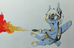 Size: 2595x1683 | Tagged: safe, artist:darkhestur, derpibooru import, oc, oc only, oc:azure interdictor, mosquito, original species, plane pony, fire, flame thrower, flying, glasses, hybrid oc, marker drawing, paws, plane, simple background, traditional art, wings