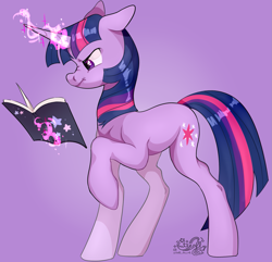 Size: 1805x1741 | Tagged: safe, artist:truust5117, derpibooru import, twilight sparkle, unicorn twilight, pony, unicorn, book, female, glowing, glowing horn, horn, magic, mare, purple background, scrunchy face, signature, simple background, solo, telekinesis