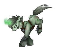 Size: 2300x2000 | Tagged: safe, artist:molars, derpibooru import, oc, oc only, unicorn, fallout equestria, ashes town, magic, raider, running, scar, solo, spikes, telekinesis, transparrent background