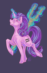 Size: 3300x5100 | Tagged: safe, artist:ashley-the-muffin, derpibooru import, starlight glimmer, pony, unicorn, equal cutie mark, evil grin, female, glowing, glowing horn, grin, horn, mare, purple background, s5 starlight, simple background, smiling, solo, staff, staff of sameness