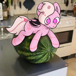 Size: 750x750 | Tagged: safe, artist:imlpidimon, derpibooru import, oc, oc only, bat pony, pony, bat pony oc, bat wings, digital art, food, kitchen, meme, order, pink eyes, request, requested art, shadow, soft, soft color, soft shading, watermelon, wings