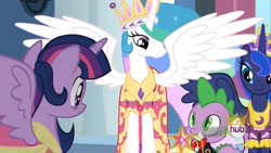 Size: 2160x1221 | Tagged: safe, derpibooru import, screencap, princess celestia, princess luna, spike, twilight sparkle, twilight sparkle (alicorn), alicorn, dragon, pony, magical mystery cure, big crown thingy, bowtie, clothes, coronation, coronation dress, crown, cushion, dress, element of magic, female, formal wear, gown, happy, jewelry, looking down, male, mare, regalia, royalty, ruffled shirt, smiling, spike's first bow tie, suit, tailcoat, tuxedo