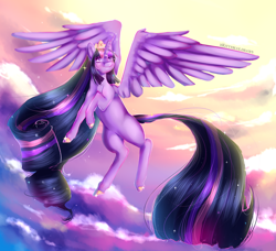 Size: 1280x1169 | Tagged: safe, artist:xkittyblue, derpibooru import, twilight sparkle, twilight sparkle (alicorn), alicorn, pony, cloud, crown, female, flying, jewelry, mare, redraw, regalia, signature, sky, smiling, solo